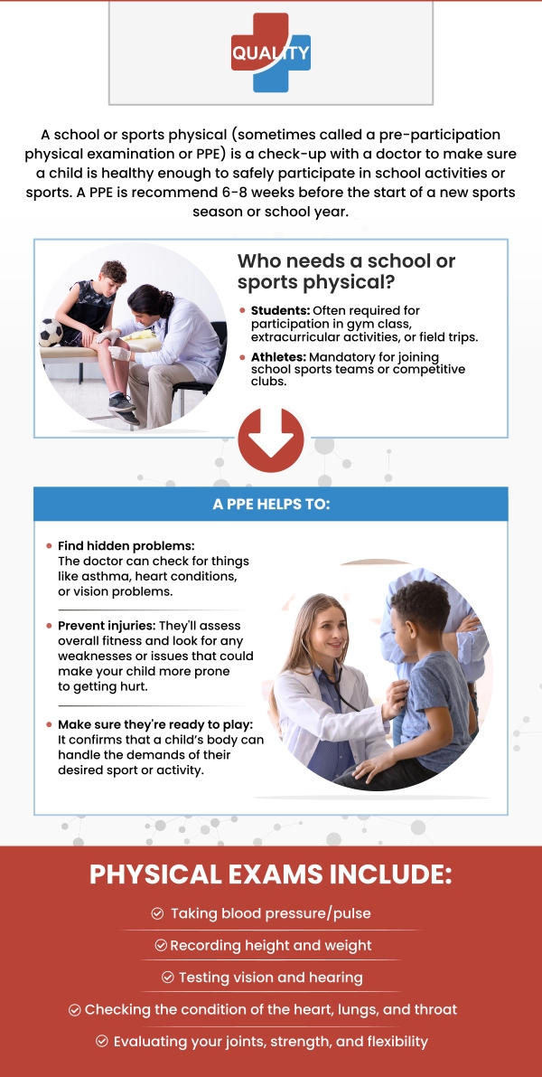 At Quality Urgent Care and Walk-In Clinic, our services include affordable and thorough school physicals designed to meet the requirements of schools and sports programs. School physicals in Riverview, FL generally cost about $45. Board-Certified Dr. Elizarraras, MD, strives to make the process simple, professional, and budget-friendly for every family. For more information, contact us now or book an appointment. We are conveniently located at 10118 Gibsonton Drive Riverview, Florida 33578.