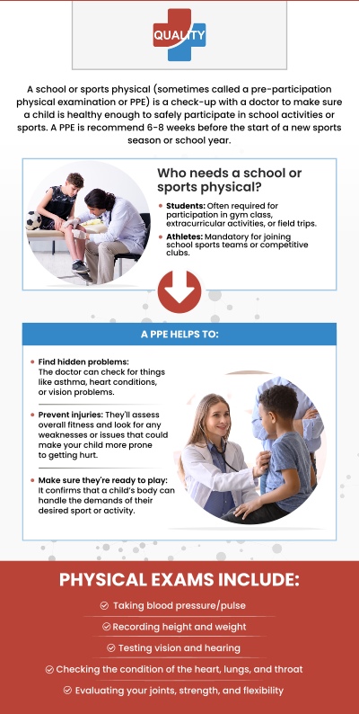 At Quality Urgent Care and Walk-In Clinic, our services include affordable and thorough school physicals designed to meet the requirements of schools and sports programs. School physicals in Riverview, FL generally cost about $45. Board-Certified Dr. Elizarraras, MD, strives to make the process simple, professional, and budget-friendly for every family. For more information, contact us now or book an appointment. We are conveniently located at 10118 Gibsonton Drive Riverview, Florida 33578.